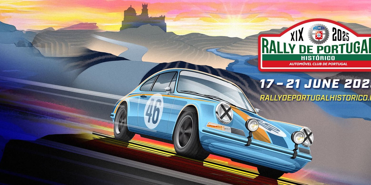 a blue car is driving down a road with a castle in the background .