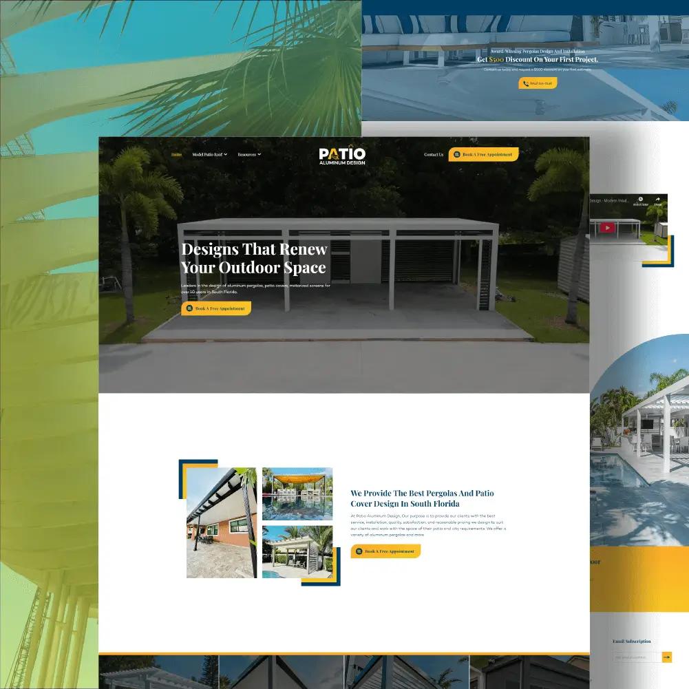 Patio Aluminum Design website mockup — SENAVIA Corp portfolio