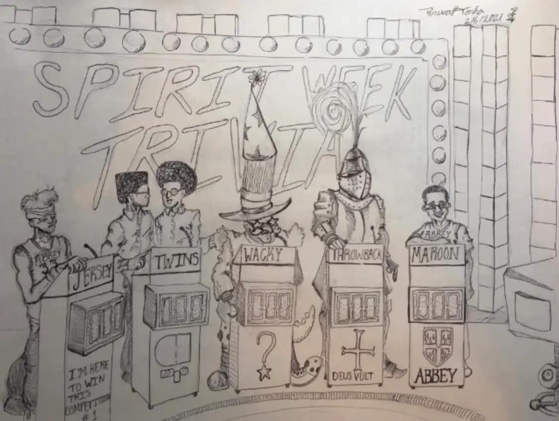 A drawing representing each Spirit Week daily theme competing in a trivia tournament