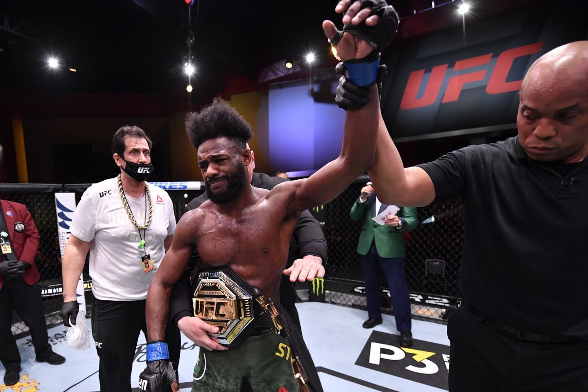 Aljamain Sterling shows his disappointment as he is crowned the UFC Bantamweight Champion