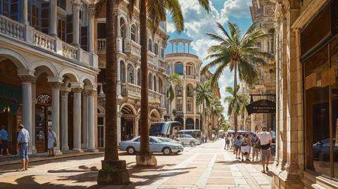 Illustration of a sunny palm-lined pedestrian boulevard with ornate colonial buildings, shops and strolling people