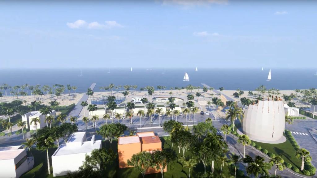 Render of the CryptoCity marina area with palm trees, sailboats on the sea and a white dome building