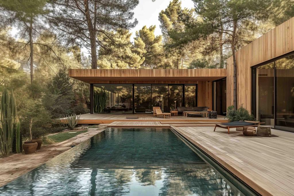 Render of a wooden luxury villa with a long pool and deck among pine trees in a Freeth'm town