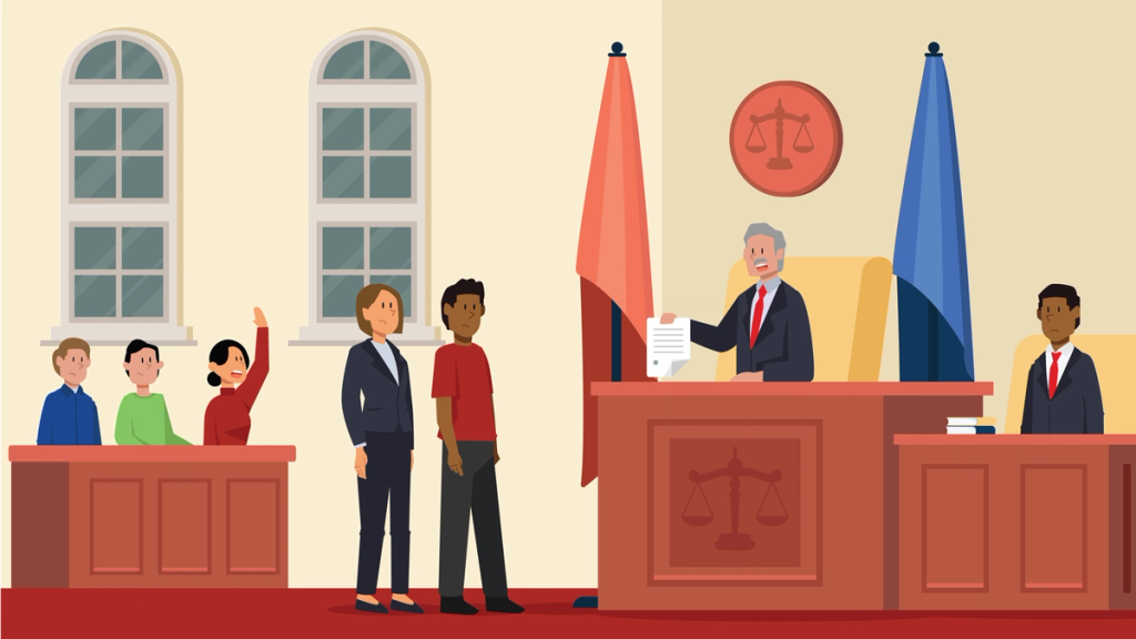 Illustration of a courtroom where a judge hands a document to a citizen and a woman standing before the bench