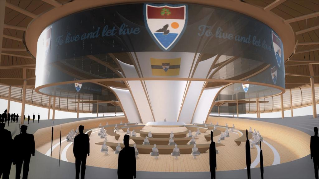 Rendering of the Liberland metaverse city hall with the Liberland coat of arms and motto To live and let live