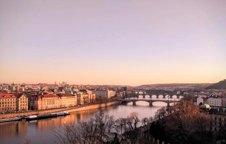 Prague’s historic skyline and the Vltava bridges at sunset