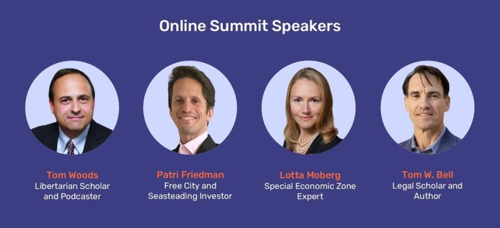 Graphic of Online Summit speakers Tom Woods, Patri Friedman, Lotta Moberg and Tom W. Bell with their roles