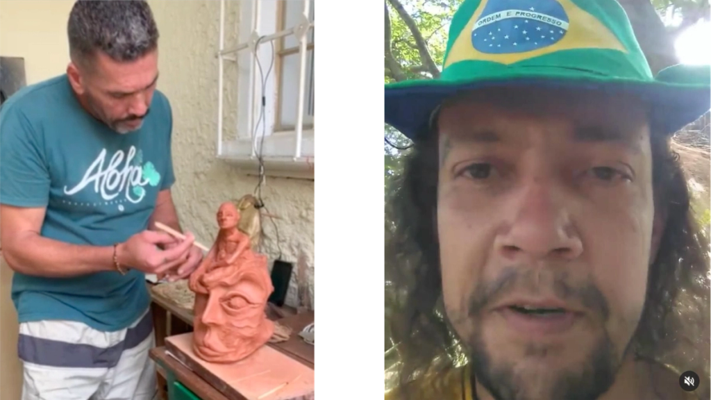 Thyago sculpting a clay figure on the left and Vinicius in a Brazil flag hat on the right, both helped by ABCP