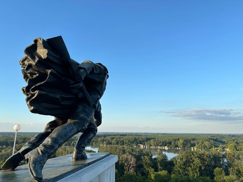 Bronze soldier statue of the WWII Battle of Batina monument overlooking the Danube upstream from Liberland