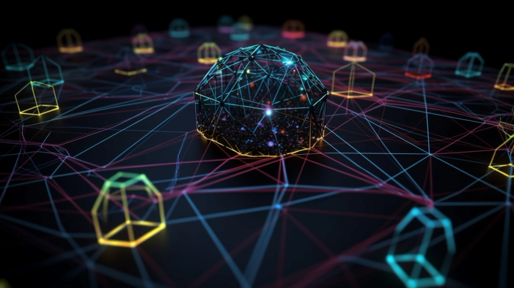 AI-generated illustration of a glowing geodesic dome linked to neon cubes, imagined as a Network State in the real world