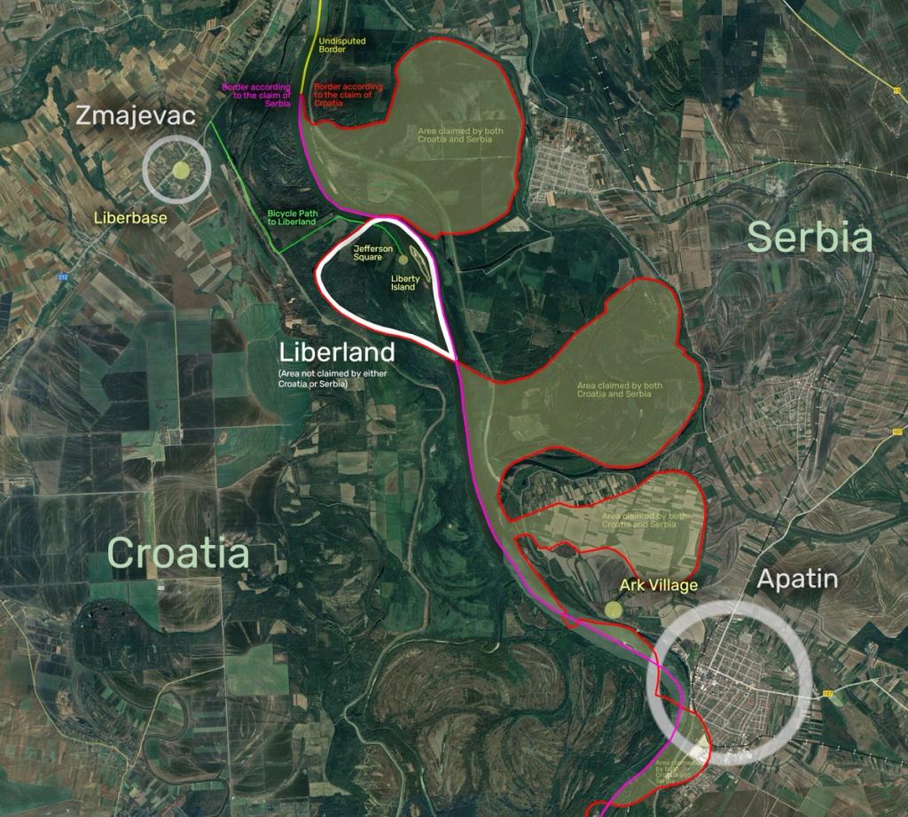 Satellite map of Liberland between Croatia and Serbia showing Zmajevac, Liberbase, Jefferson Square, Ark Village and Apatin