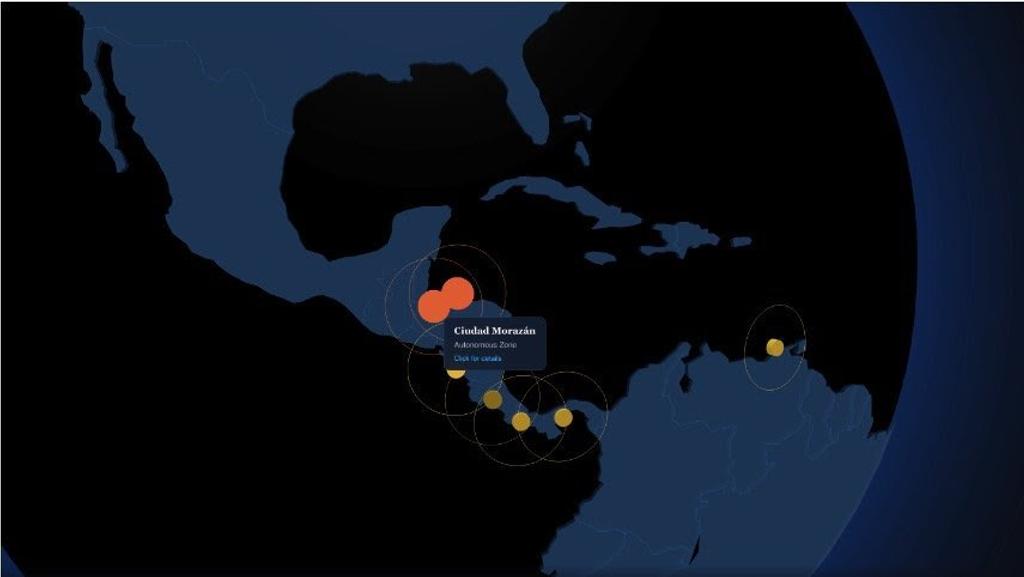Free Cities Project Directory globe zoomed on Central America, with a Ciudad Morazán autonomous zone marker in Honduras