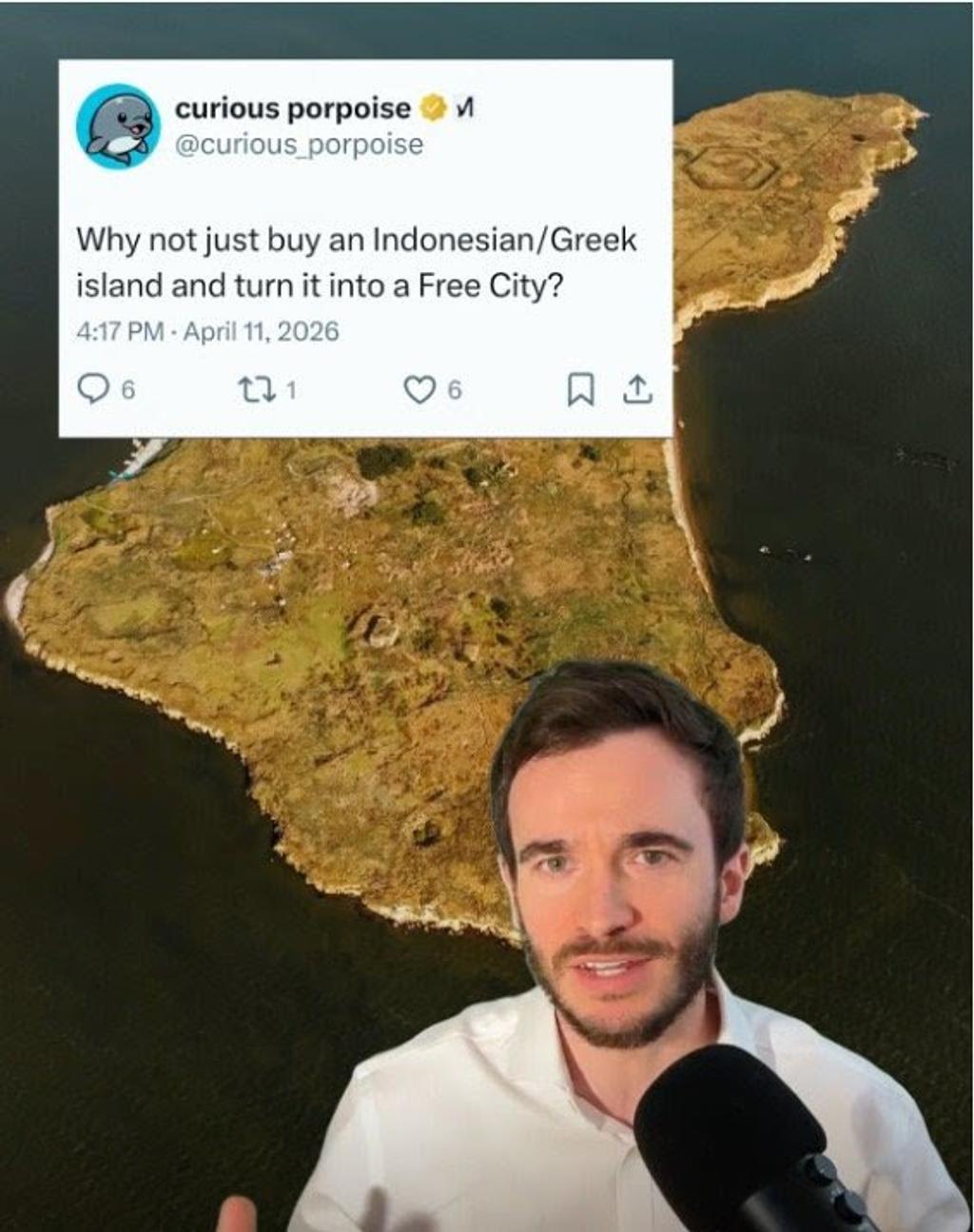 TikTok video of the Free Cities Foundation managing director answering why not just buy a Greek or Indonesian island for a Free City