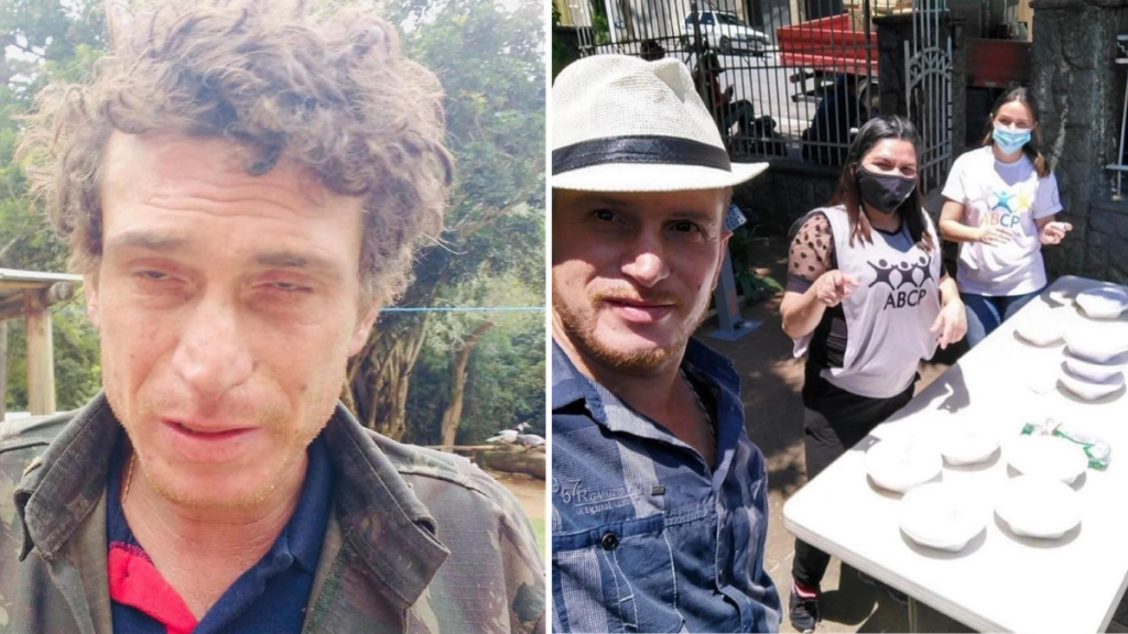 Fernando before and after, homeless on the left and later volunteering with the Brazilian NGO ABCP on the right