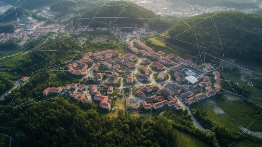 AI-generated aerial view of a red-roofed hillside town in a forest, imagined as a freedom-oriented Network State