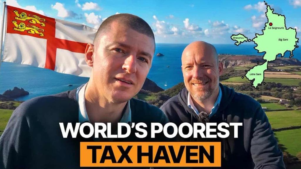 Video thumbnail about the Sark weekend, two men beside the Sark flag and island map, text World's Poorest Tax Haven
