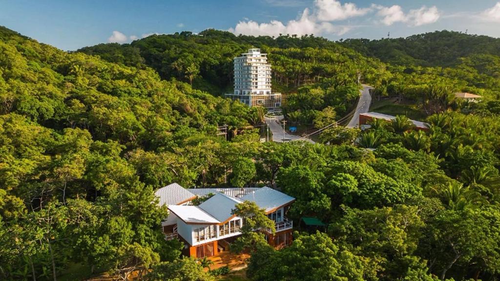 Bird's-eye view of Próspera's Beta District, a white tower rising from forested hills on Roatán