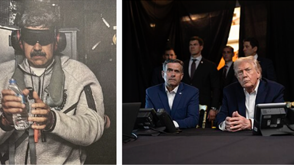 Two photos: Nicolás Maduro in goggles and ear protection after capture, and US officials watching the operation
