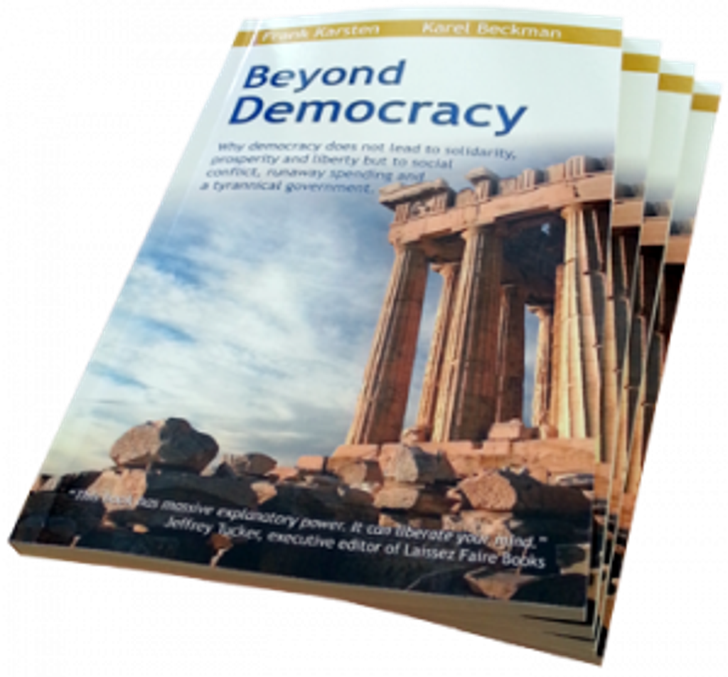 Stack of copies of Beyond Democracy by Frank Karsten and Karel Beckman, cover showing the Parthenon
