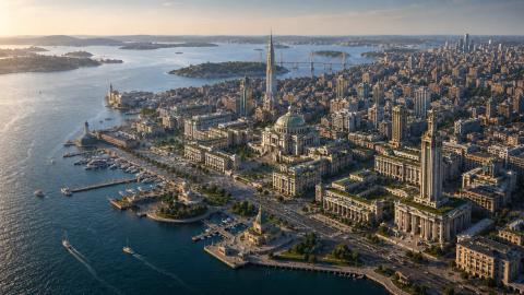 Illustration of a prosperous waterfront city with domed civic buildings, a marina and a suspension bridge at golden hour