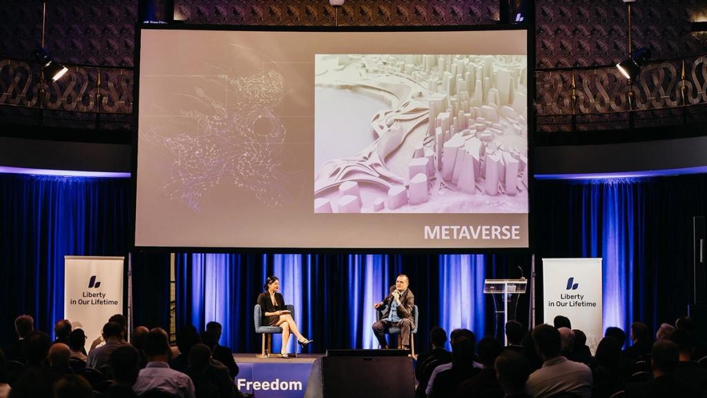 Patrik Schumacher in a seated stage discussion on the metaverse at the Liberty in Our Lifetime conference, Prague