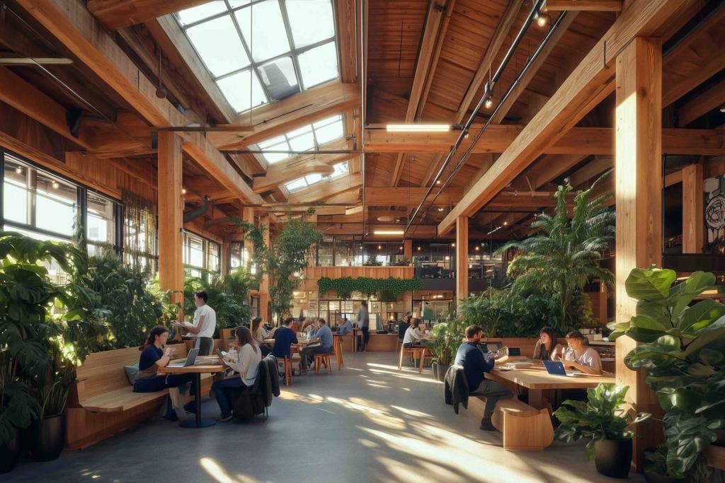 Render of a timber community center with skylights, plants and people at long tables in a Freeth'm town