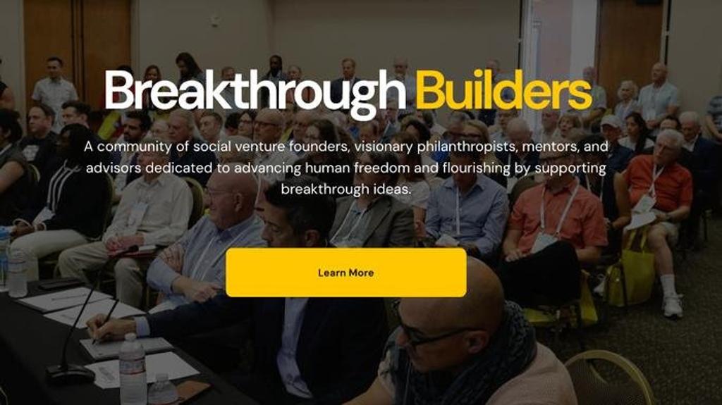 Breakthrough Builders banner over a seated conference audience, a community of social venture founders