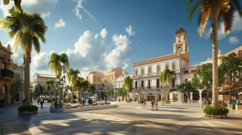 Illustration of a sunny city-state plaza with palm trees, strolling people and a white building with a clock tower