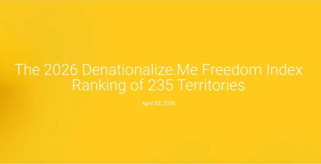 Yellow title card reading The 2026 Denationalize.Me Freedom Index Ranking of 235 Territories, April 20, 2026