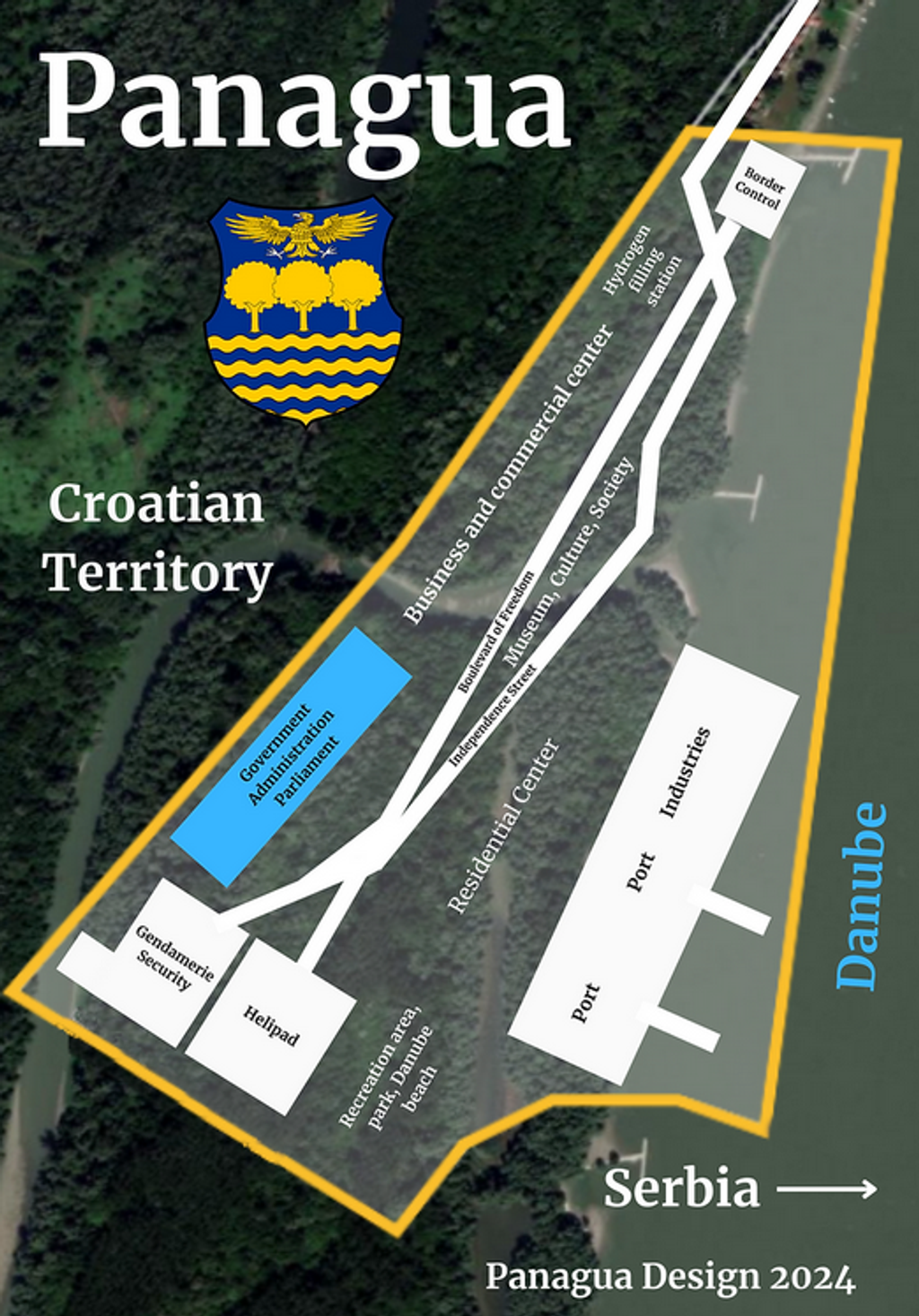 Map of the planned Panagua city-state on the Danube between Croatia and Serbia, with port, parliament and residential zones