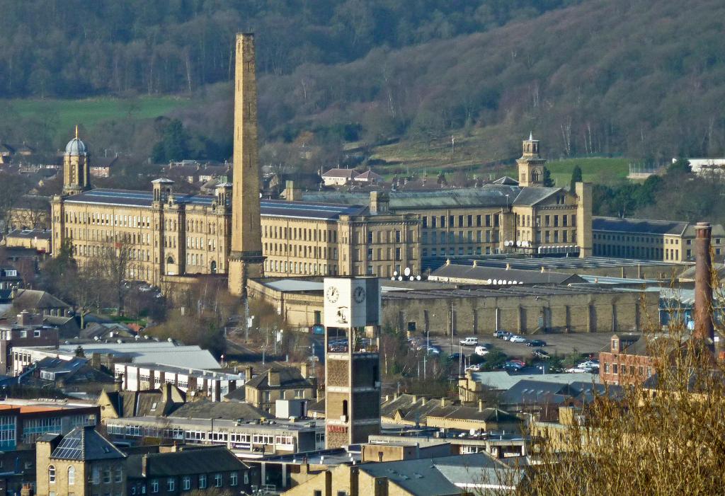 Salts Mill and chimney in Saltaire, Yorkshire, the mill town built by Sir Titus Salt and now a UNESCO World Heritage Site