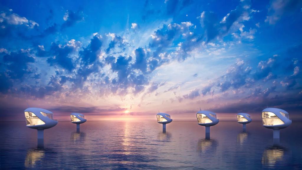 Render de SeaPods de Ocean Builders, casas flotantes blancas sobre pilares en el mar al atardecer