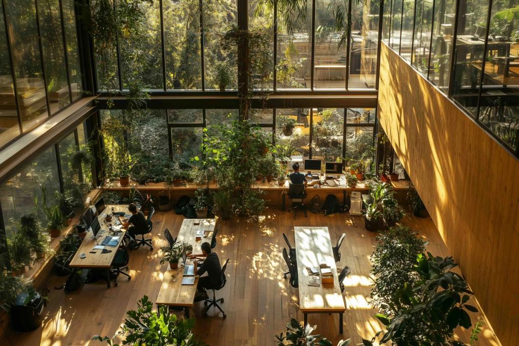 Render of a glass and timber co-working space filled with plants and desks in a Freeth'm town