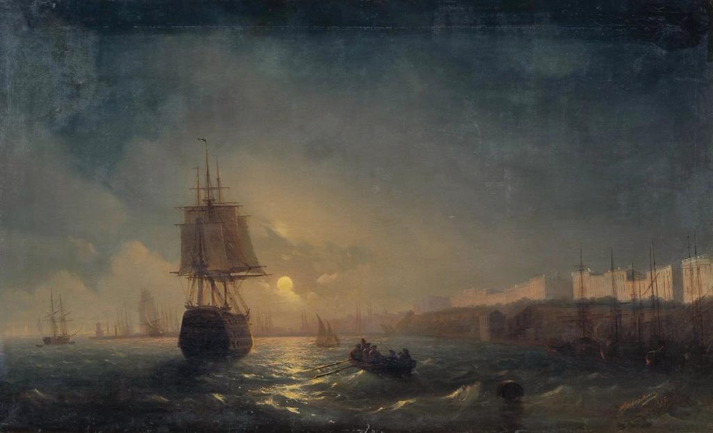 View of Odessa on a Moonlit Night (1855), Ivan Aivazovsky painting of a sailing ship off the Odesa shore
