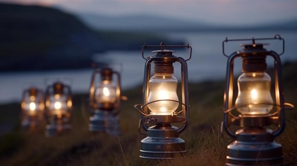 Midjourney illustration of glowing lanterns on a hillside at dusk, symbolising small beacons of freedom
