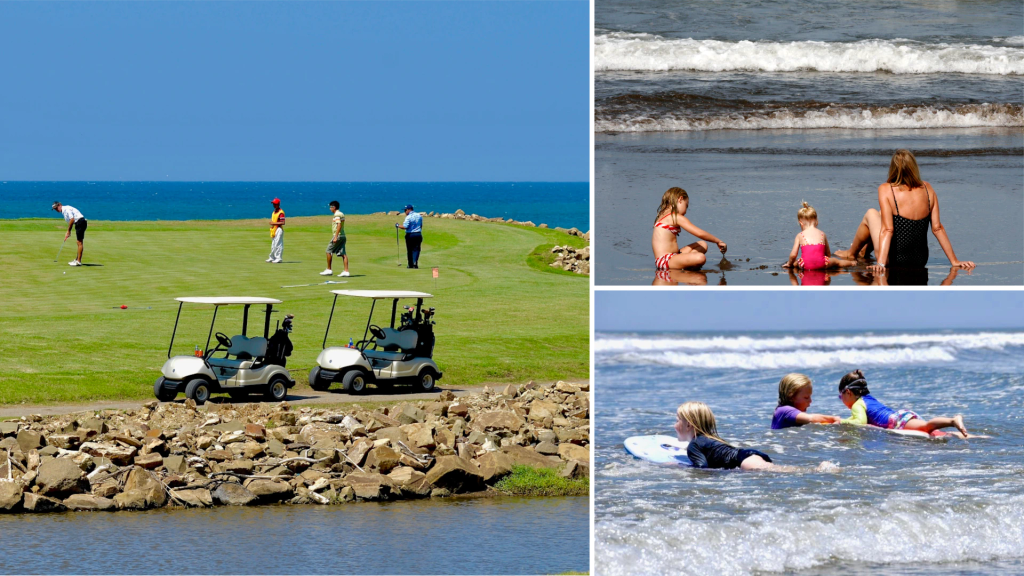 Collage of golfers on an oceanfront course and families playing and surfing on the beach at Gran Pacifica, Nicaragua
