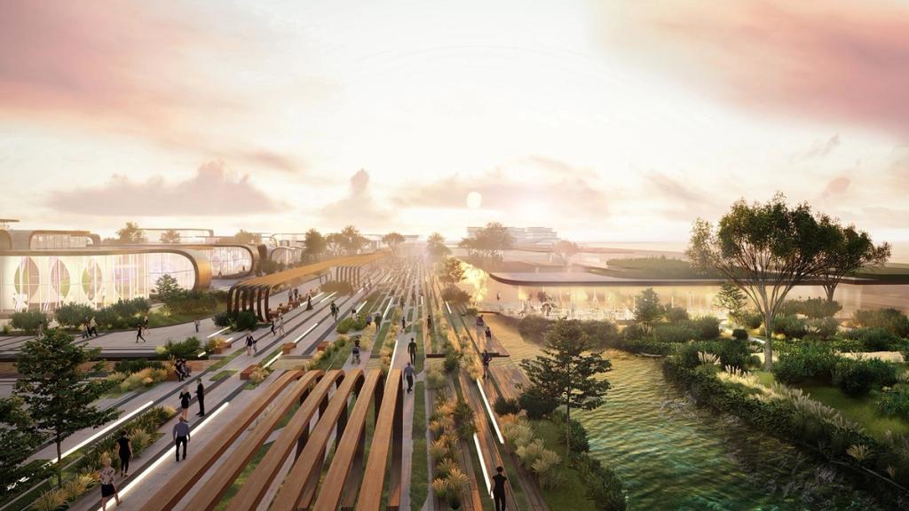 Render of the Odesa Expo 2030 master plan by Zaha Hadid Architects, with landscaped walkways beside a canal