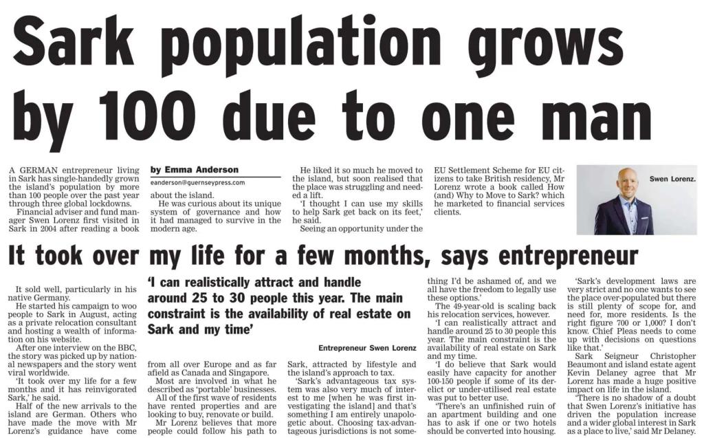 Guernsey Press newspaper page headlined Sark population grows by 100 due to one man, about Swen Lorenz