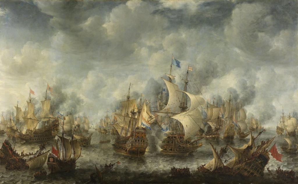Painting of the Battle of Scheveningen in 1653, Dutch and English warships amid cannon smoke