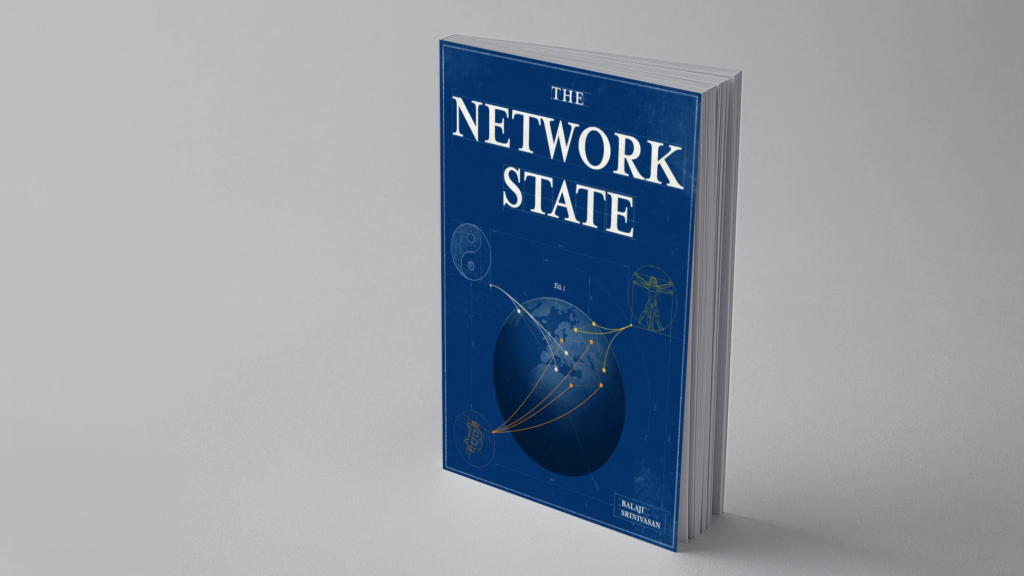 Book cover mockup of The Network State by Balaji Srinivasan, blue cover with a globe and network lines