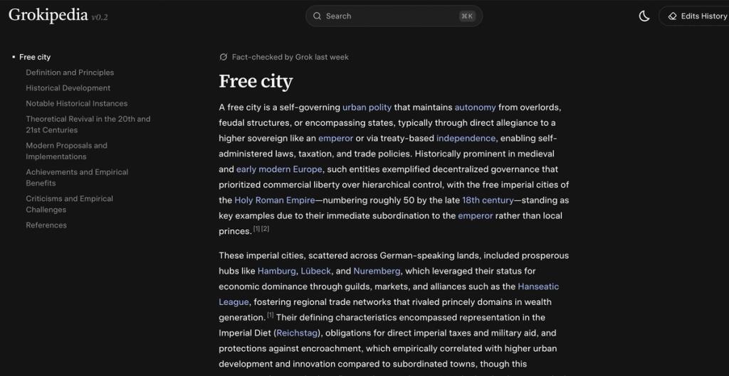 Screenshot of the Grokipedia article on Free city, with its definition and contents sidebar
