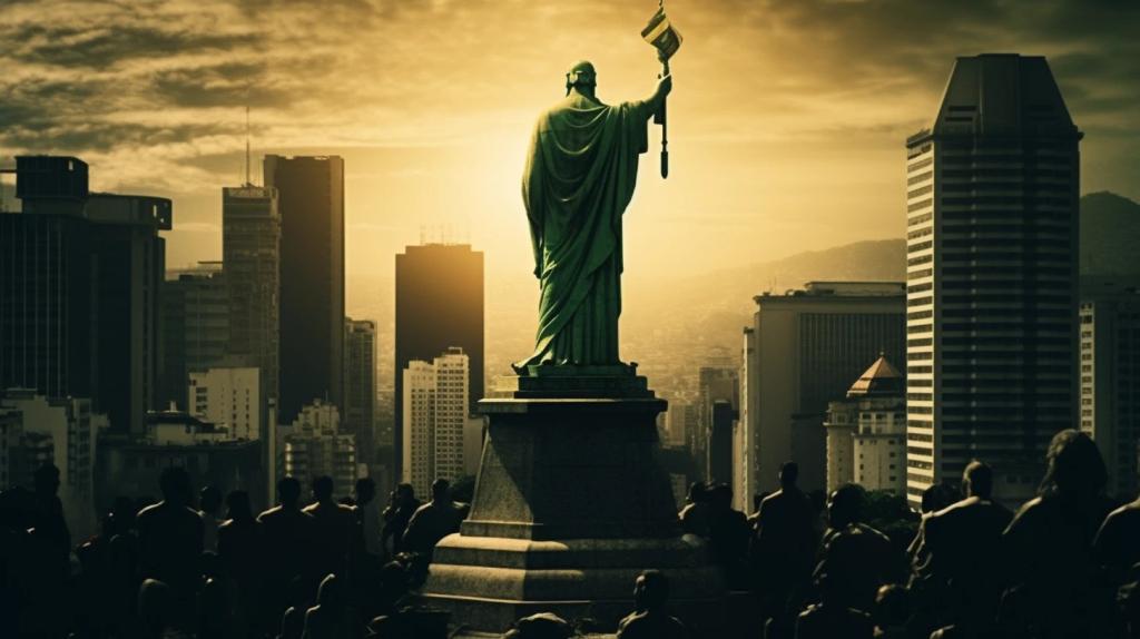 Midjourney illustration of a future Brazil, a green statue holding a flag above a city skyline at sunset