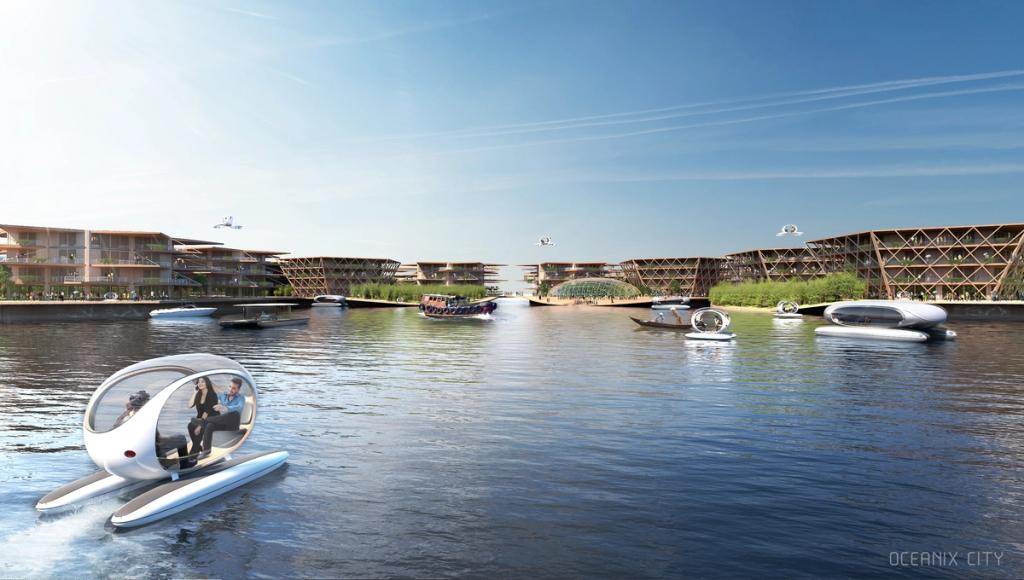 Oceanix City de Bjarke Ingels Group, grupos de islas flotantes hexagonales y modulares con edificios en terrazas