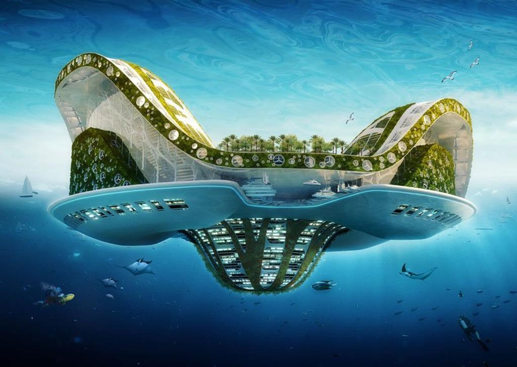 Lilypad, ciudad flotante del arquitecto Vincent Callebaut, diseñada como hogar autosuficiente para refugiados climáticos