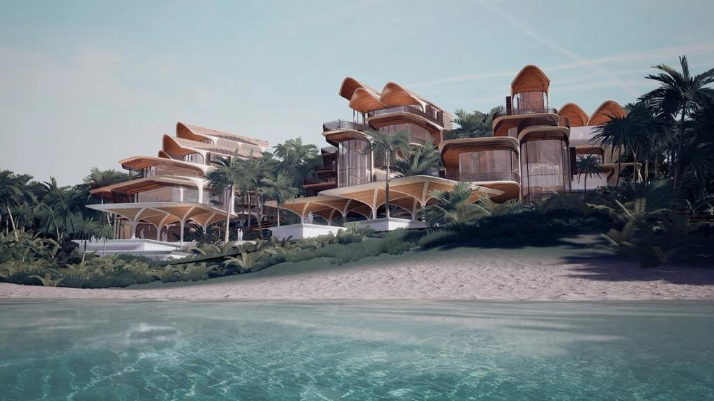 Rendering of timber modular homes on a tropical beach, designed by Zaha Hadid Architects for ZEDE Próspera