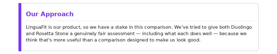 Disclosure: LinguaFit built this comparison and has aimed to assess both Duolingo and Rosetta Stone fairly, including what each does well, because honesty is more useful than salesmanship.