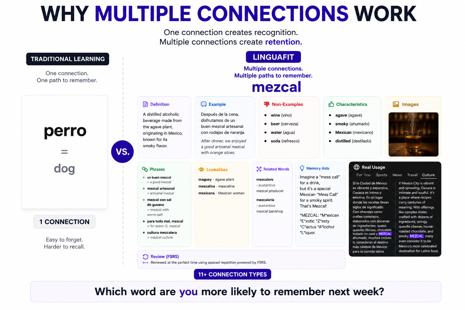 Visual comparison showing why multiple connections improve vocabulary retention. Traditional learning relies on a single translation, while LinguaFit reinforces words through definitions, examples, imagery, related words, phrases, memory aids, real-world usage, and spaced review.