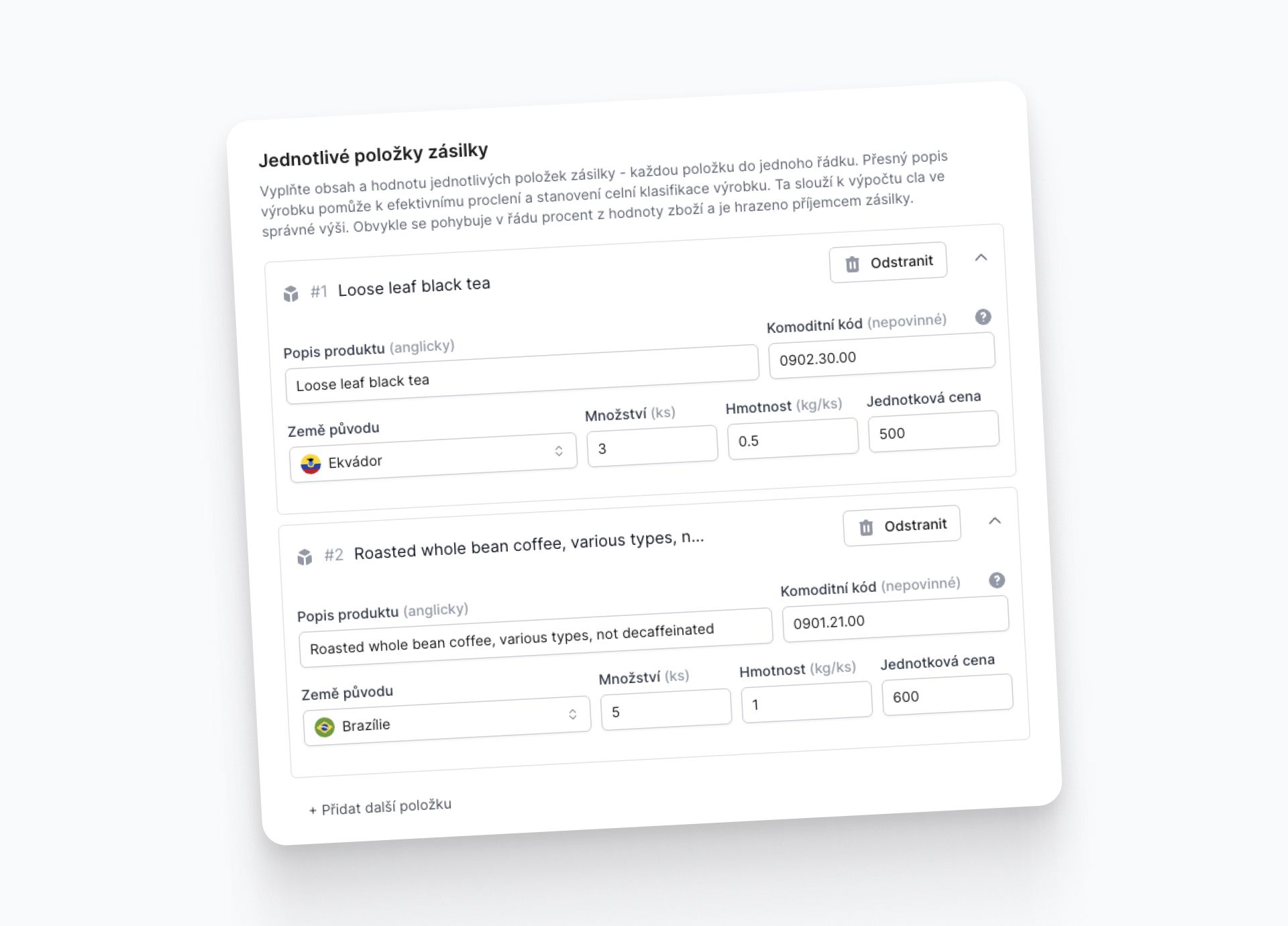 HS kód pro každou položku v zásilce