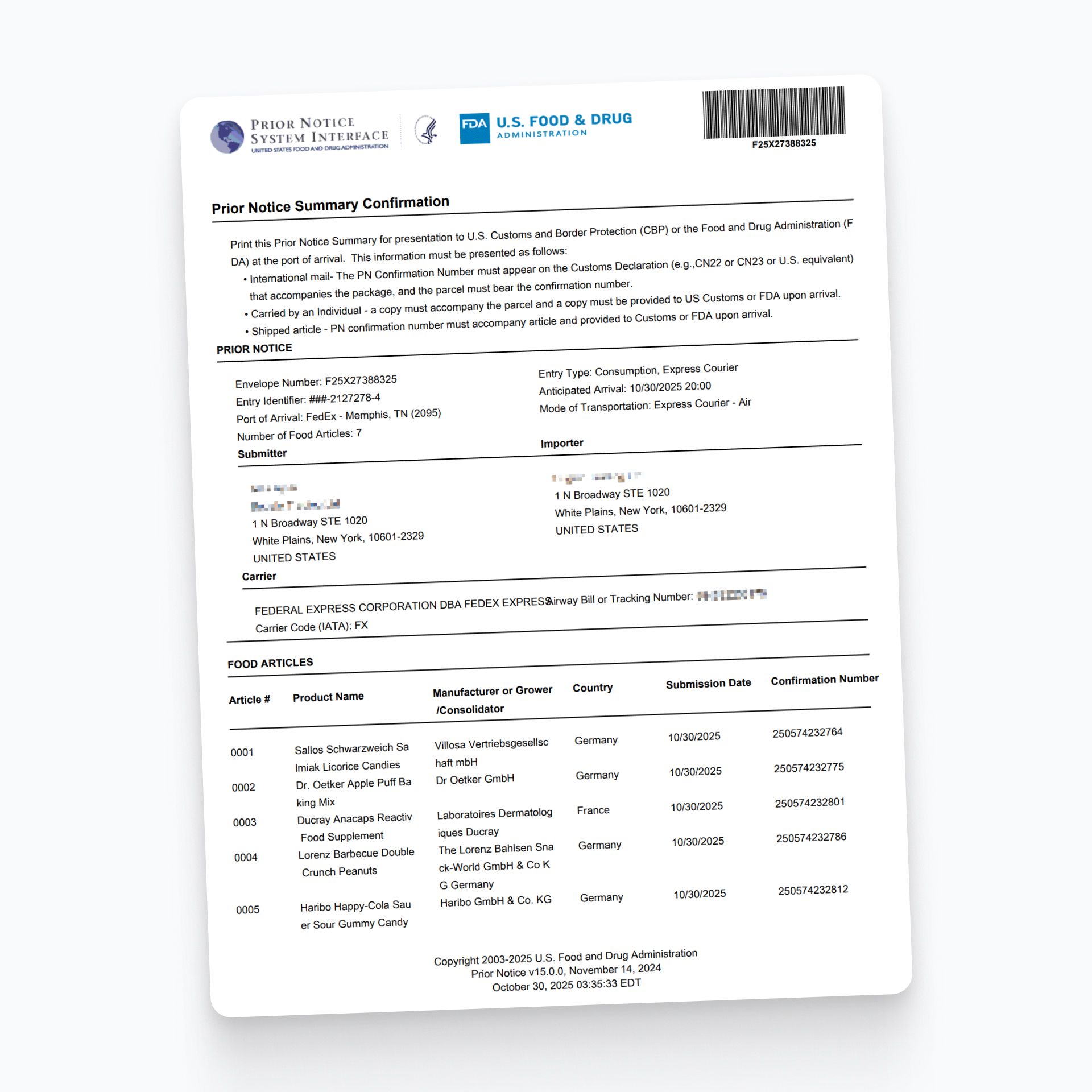 Web Entry s více Prior Notice