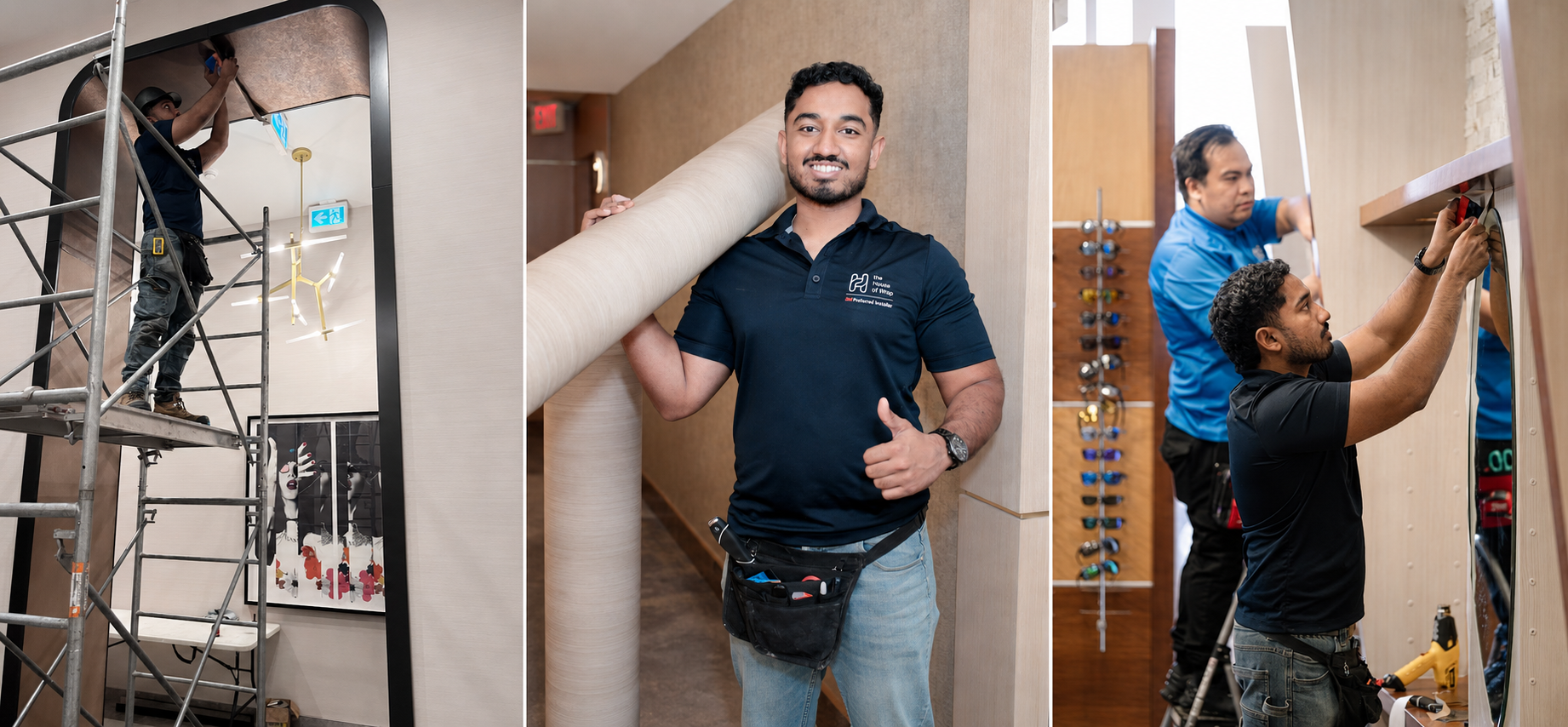 House of Wrap installers on site: wrapping a ceiling, carrying a roll of architectural film, and installing an optical display wrap